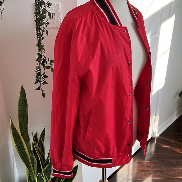 Starter Red Button Up Bomber Jacket with Stripe Sleeves, Waistband and Neck Sz M - Picture 3 of 10
